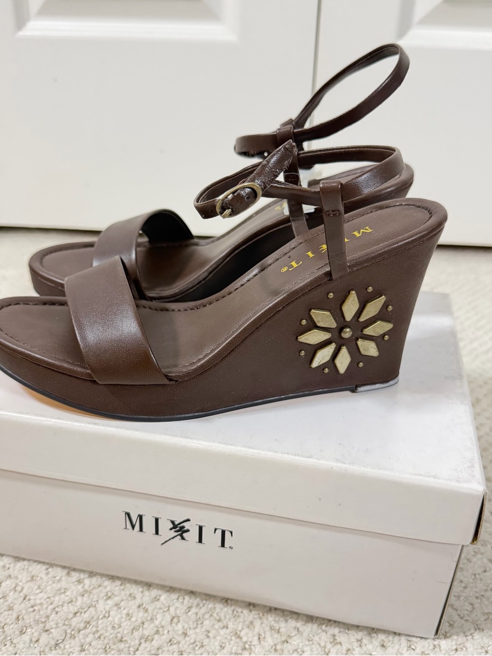Mixit Diana Chocolate Brown Wedge Sandals with Gold Floral Studs